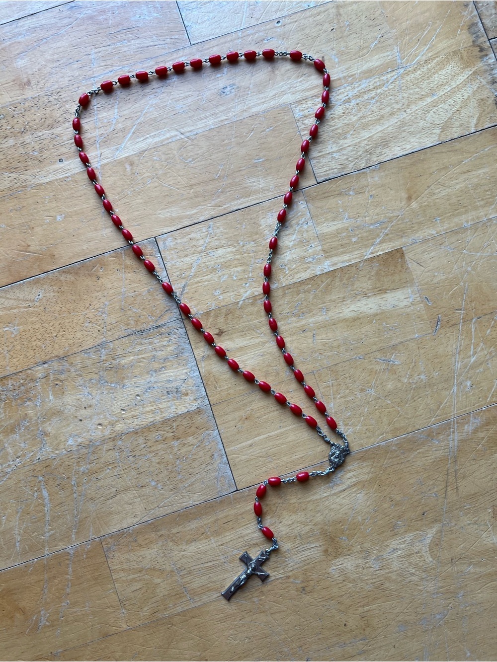 Red Beaded Rosary Necklace with Crucifix